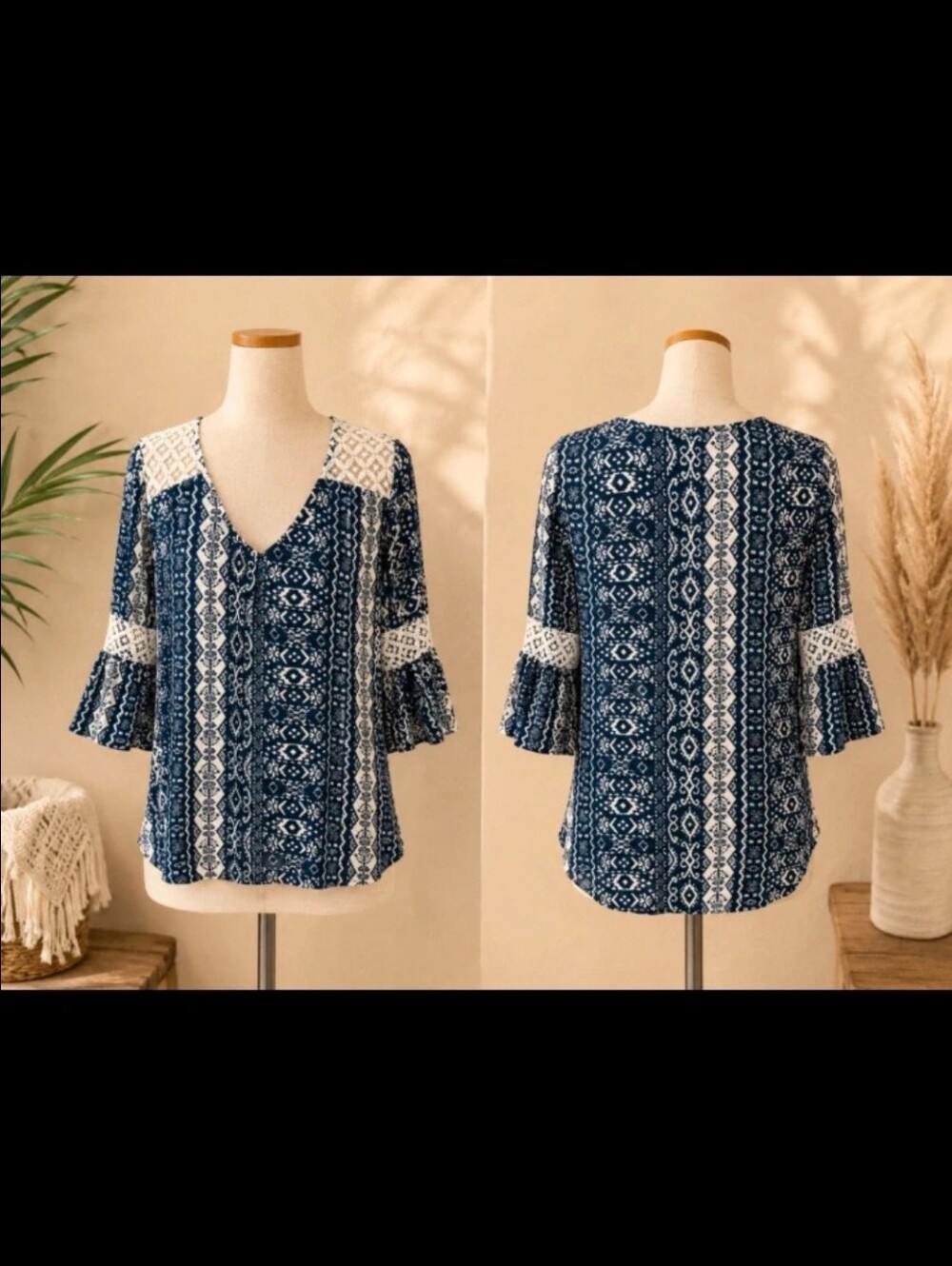 Rue21 ~ Boho Navy & White Lace Trim Bell Sleeve V-Neck Blouse ~ Medium